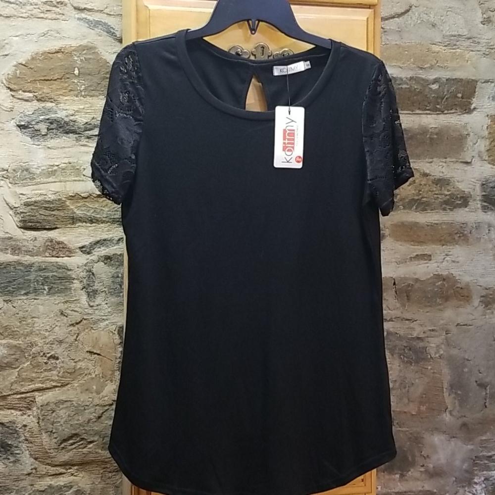 New Koitmy Black Lace See Thru Sleeve Top
